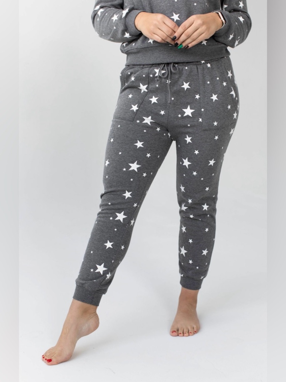 Savvi Shine Joggers Star Print Gray Plush Lined | Drawstring | Size S | EUC